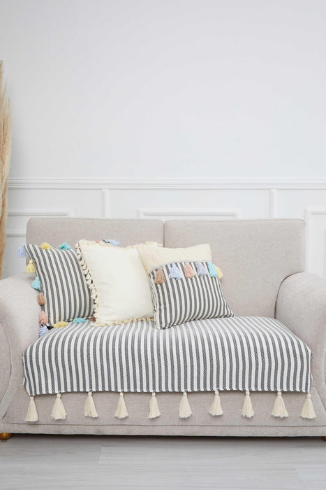Handcrafted Boho Cotton 2 Seater Sofa Cover with Classic Stripes and Playful Tassel Detail for a Cozy Stylish Living Room Ambiance,KO-22IK Striped Pattern