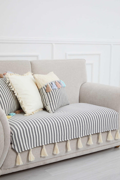 Handcrafted Boho Cotton 2 Seater Sofa Cover with Classic Stripes and Playful Tassel Detail for a Cozy Stylish Living Room Ambiance,KO-22IK Striped Pattern