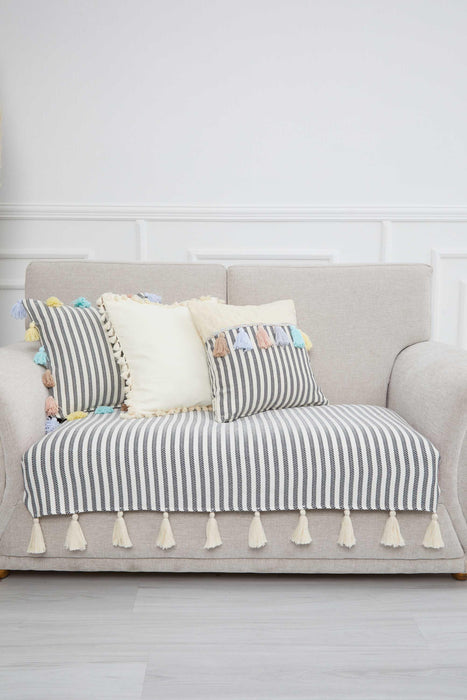 Handcrafted Boho Cotton 2 Seater Sofa Cover with Classic Stripes and Playful Tassel Detail for a Cozy Stylish Living Room Ambiance,KO-22IK Striped Pattern