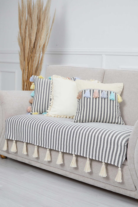 Handcrafted Boho Cotton 2 Seater Sofa Cover with Classic Stripes and Playful Tassel Detail for a Cozy Stylish Living Room Ambiance,KO-22IK Striped Pattern