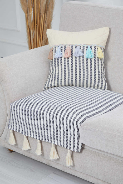 Bohemian Stripe and Tassel Cotton Sofa Cover, Single Seat Slipcover, Striped Pattern Sofa Cover Slipcover 1 Seater for Living Room,KO-22T
