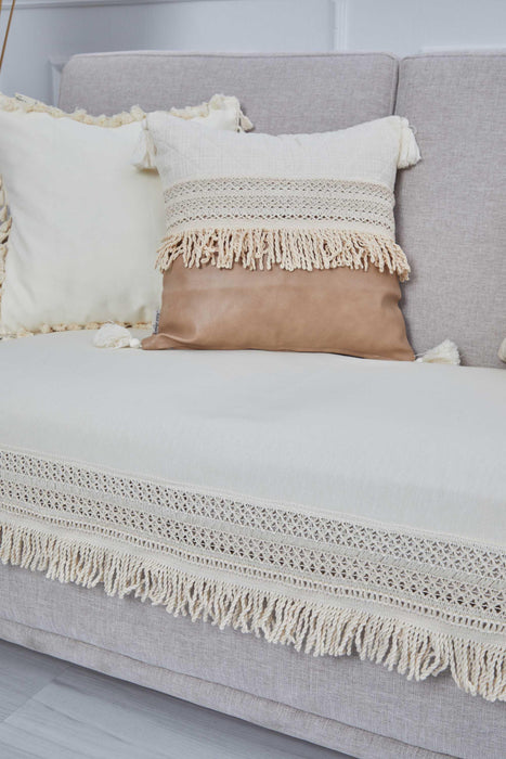Bohemian Chic 2 Seater Sofa Cover with Fringe Trim and Crochet Detailing, Artisanal Linen Texture Sofa Cover, Couch Cover 2 Seater,KO-25IK