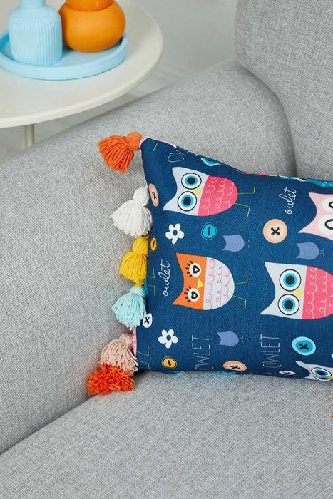 Colourful Tasseled Printed Pillow Cover for Kids Room, Retro Playful Pillow Cover Design, Colourful Baby Room Pillow Covers,K-356