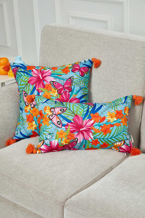 Tropical Floral and Butterfly Print Cushion Cover with Playful Tassel Corners, Butterfly Themed Throw Pillow Cover, Kids Room Pillow,K-358