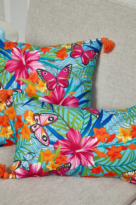 Tropical Floral and Butterfly Print Cushion Cover with Playful Tassel Corners, Butterfly Themed Throw Pillow Cover, Kids Room Pillow,K-358