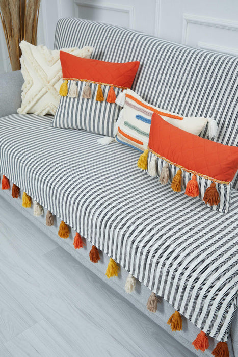 Custom-Made Boho Multicolored Tassel Sofa Cover 3 Seater Couch Slipcover Living Room Striped Pattern Couch Protector Sofa Cover,KO-30