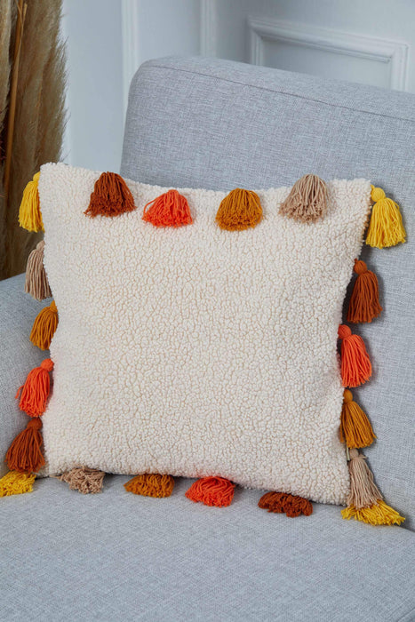 Boho-Chic Teddy Fabric Cushion Cover with Eclectic Tassels Soft Plush Textured Handmade Throw Pillow Cover for Home Decorations,K-370