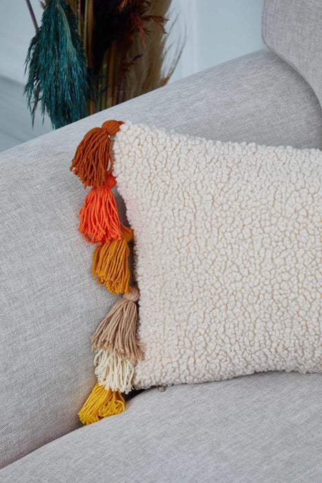 Bohemian Teddy Fabric Lumbar Pillow Cover with Multicolor Tassel Accents, Decorative Plush Throw Pillow Slip for Unique Home Decor,K-371