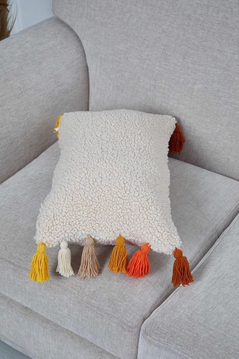 Bohemian Teddy Fabric Lumbar Pillow Cover with Multicolor Tassel Accents, Decorative Plush Throw Pillow Slip for Unique Home Decor,K-371