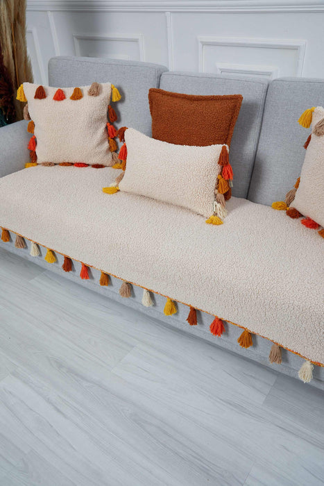 Bohemian Teddy Fabric Sofa Cover with Multicolor Tassels, Super Soft Plush Textured 3 Seater Sofa Cover Large Couch Slipcover 3 Seater,KO-32