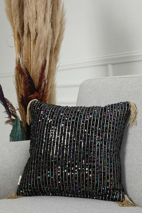 Boho Chic Velvet Striped Sequin Pillow Cover with Tassels, Handcrafted Decorative Double Sided Cushion Cover for Unique Home Styling,K-373
