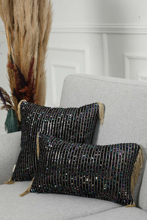 Boho Chic Velvet Striped Sequin Pillow Cover with Tassels, Handcrafted Decorative Double Sided Cushion Cover for Unique Home Styling,K-373