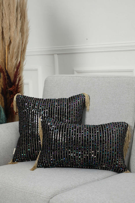 Artisan Sequined Velvet Lumbar Pillow Cover with Fringe Tassels, Eclectic Handmade Decorative Cushion Cover for Home Styling,K-374
