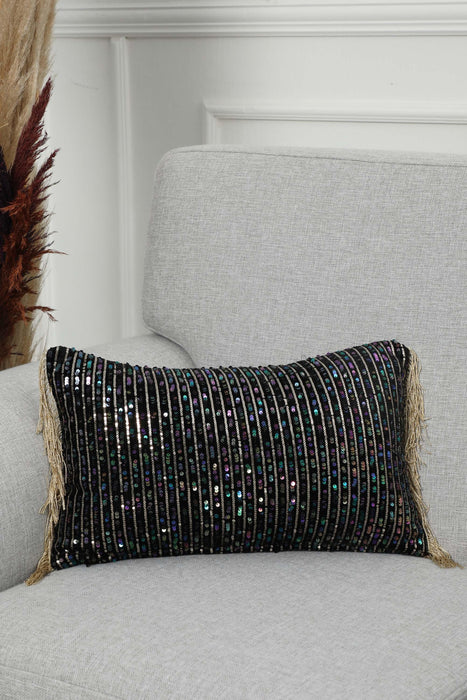 Artisan Sequined Velvet Lumbar Pillow Cover with Fringe Tassels, Eclectic Handmade Decorative Cushion Cover for Home Styling,K-374