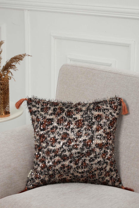 Boho Leopard Patterned Sparkle Pillow Cover with Tassels, Double Sided Eclectic Shaggy Velvet Cushion Cover for Artisanal Home Decor,K-377