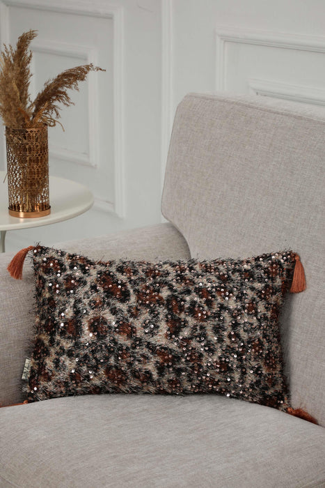 Leopard Patterned Velvet Pillow Cover with Eclectic Sequin Tassels, Two-Sided Bohemian Sparkle Cushion Cover for Chic Home Decor,K-378