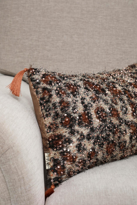 Leopard Patterned Velvet Pillow Cover with Eclectic Sequin Tassels, Two-Sided Bohemian Sparkle Cushion Cover for Chic Home Decor,K-378