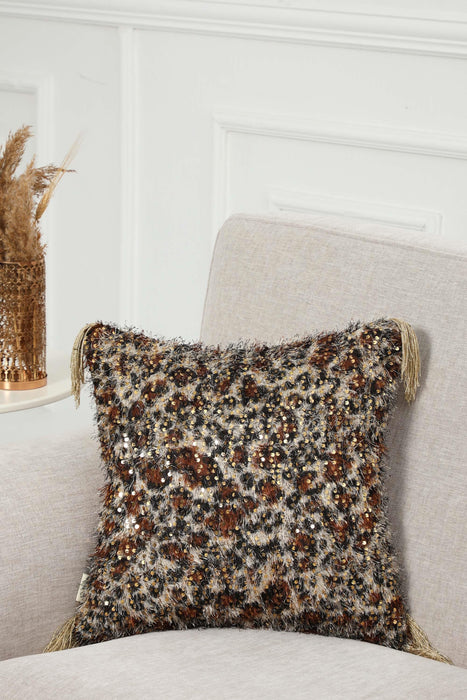 Shaggy Chic Sequined Velvet Pillow Cover with Leopard Design, Bohemian Glam Accent Cushion Cover with Tassels for Unique Home Decor,K-380