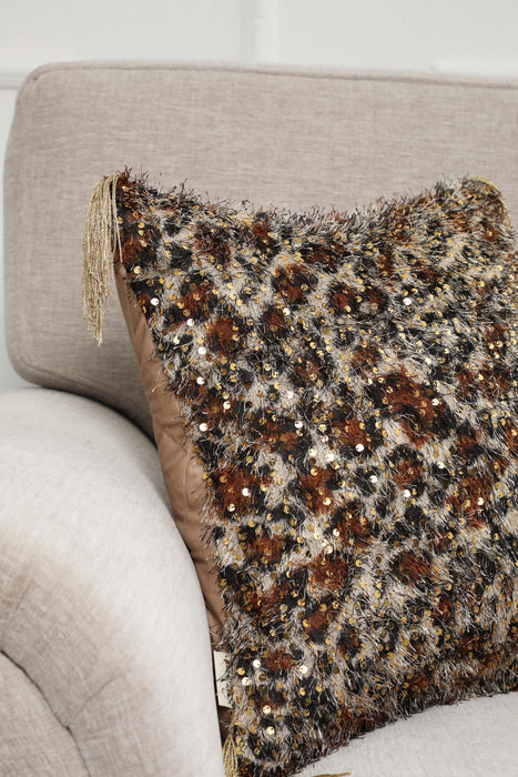 Shaggy Chic Sequined Velvet Pillow Cover with Leopard Design, Bohemian Glam Accent Cushion Cover with Tassels for Unique Home Decor,K-380