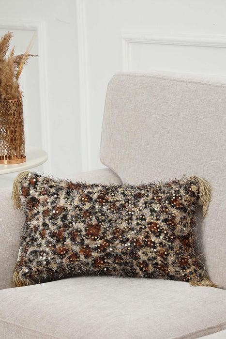 Bohemian Leopard Design Lumbar Pillow Cover with Tassels, Shaggy Sequin-Embellished Velvet Cushion Cover for Distinctive Home Decor,K-381