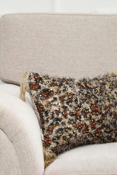 Bohemian Leopard Design Lumbar Pillow Cover with Tassels, Shaggy Sequin-Embellished Velvet Cushion Cover for Distinctive Home Decor,K-381