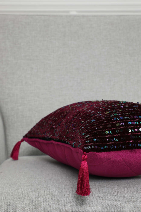 Striped Sequin Glam Velvet Lumbar Pillow Cover with Chic Tassels, Handcrafted Boho Chic Cushion Cover for Trendy Home Decor,K-382
