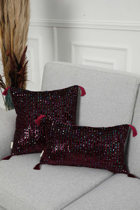 Striped Sequin Glam Velvet Lumbar Pillow Cover with Chic Tassels, Handcrafted Boho Chic Cushion Cover for Trendy Home Decor,K-382