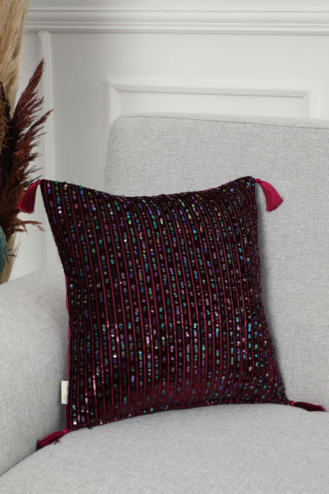 Boho Colourful Sequined Stripe Velvet Pillow Cover with Tassels, Handmade Sparkling Cushion Cover for Eclectic Home Decor,K-383