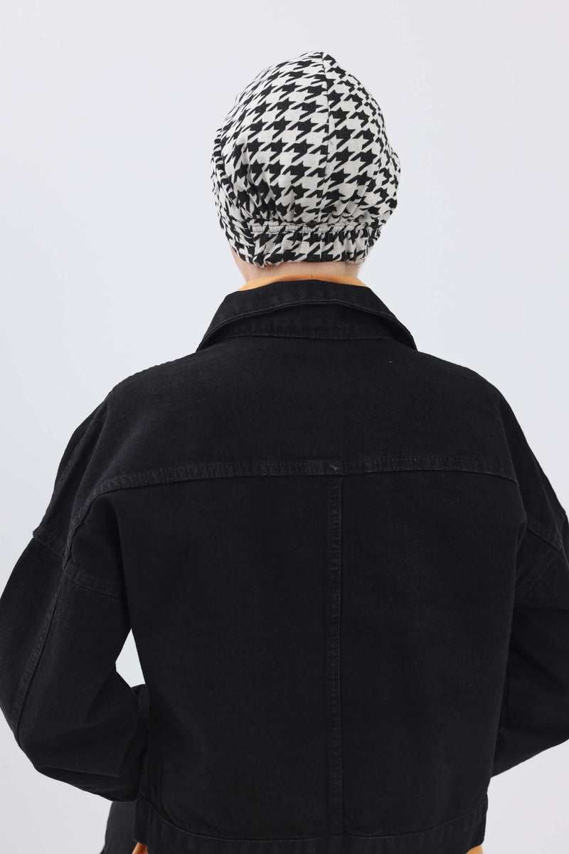 Chic Shirred Winter Turban Bonnet with Houndstooth & Leopard Prints, Cozy Patterned Winter Headwrap made from High Quality Fabric,B-13DIV