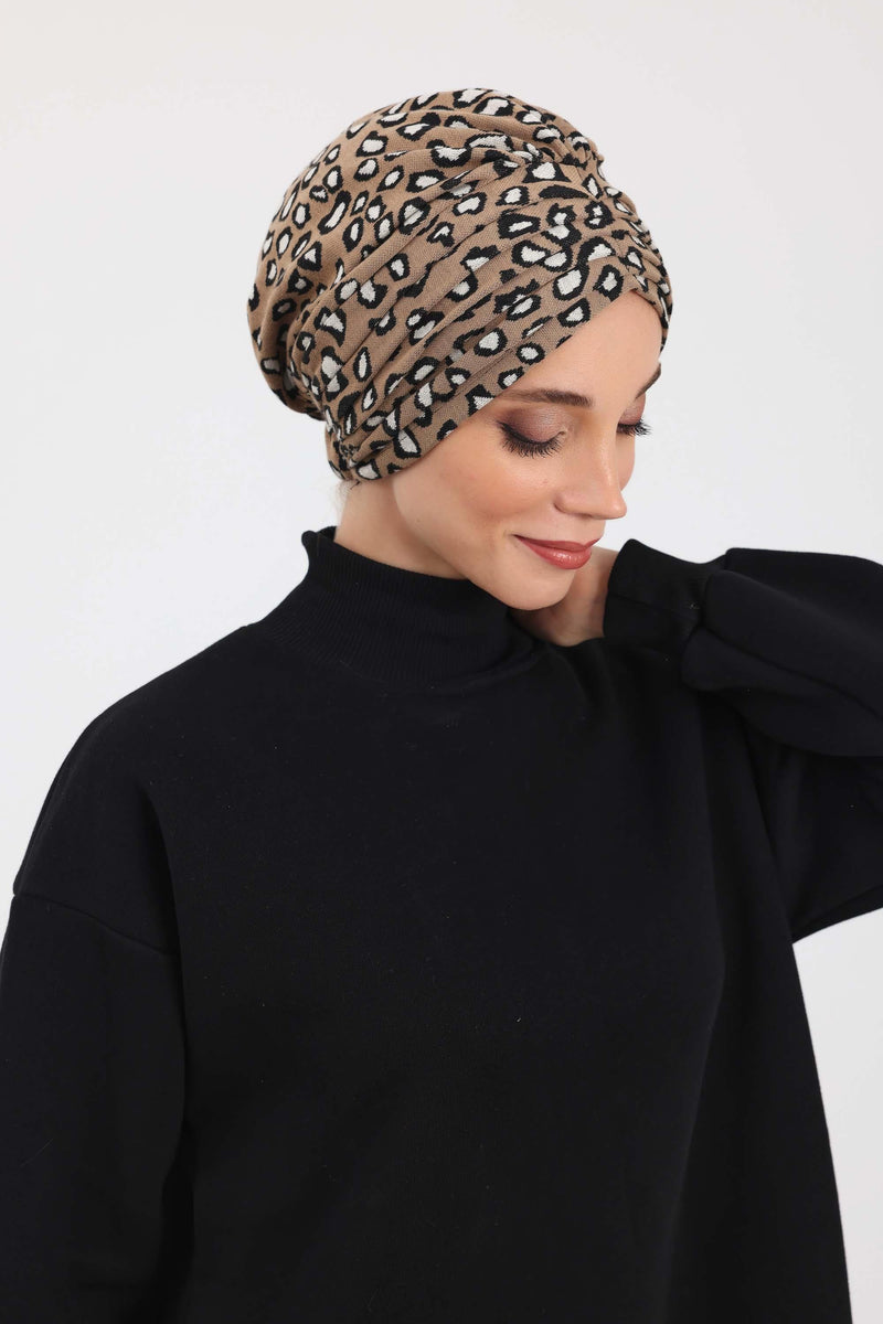Chic Shirred Winter Turban Bonnet with Houndstooth & Leopard Prints, Cozy Patterned Winter Headwrap made from High Quality Fabric,B-13DIV