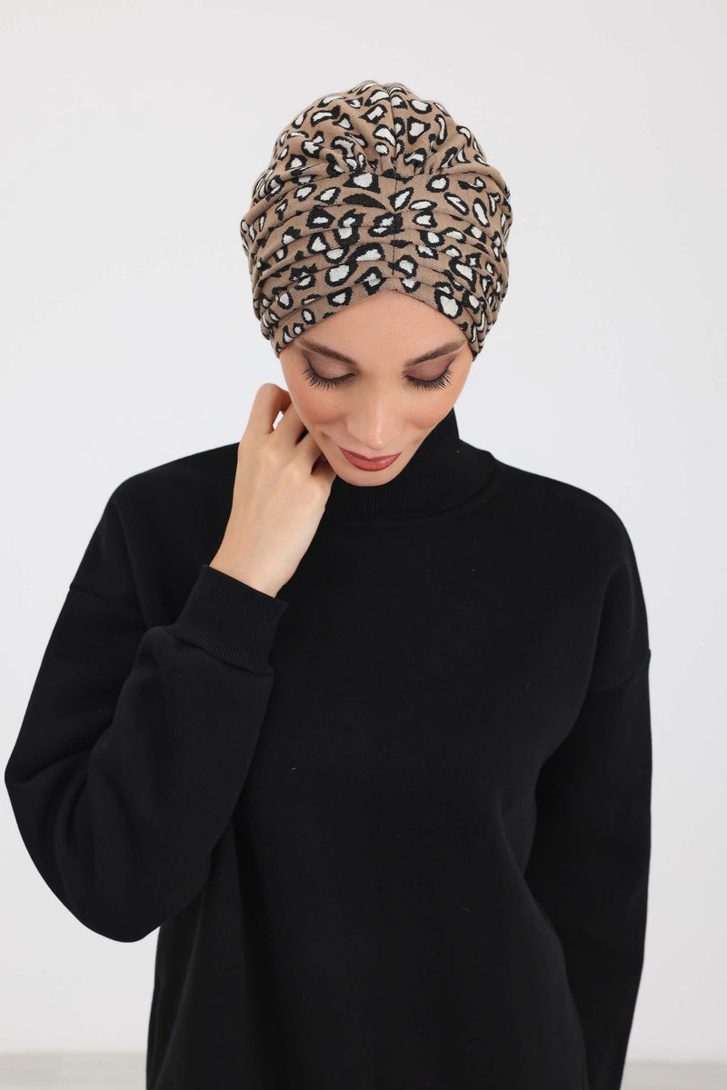 Chic Shirred Winter Turban Bonnet with Houndstooth & Leopard Prints, Cozy Patterned Winter Headwrap made from High Quality Fabric,B-13DIV
