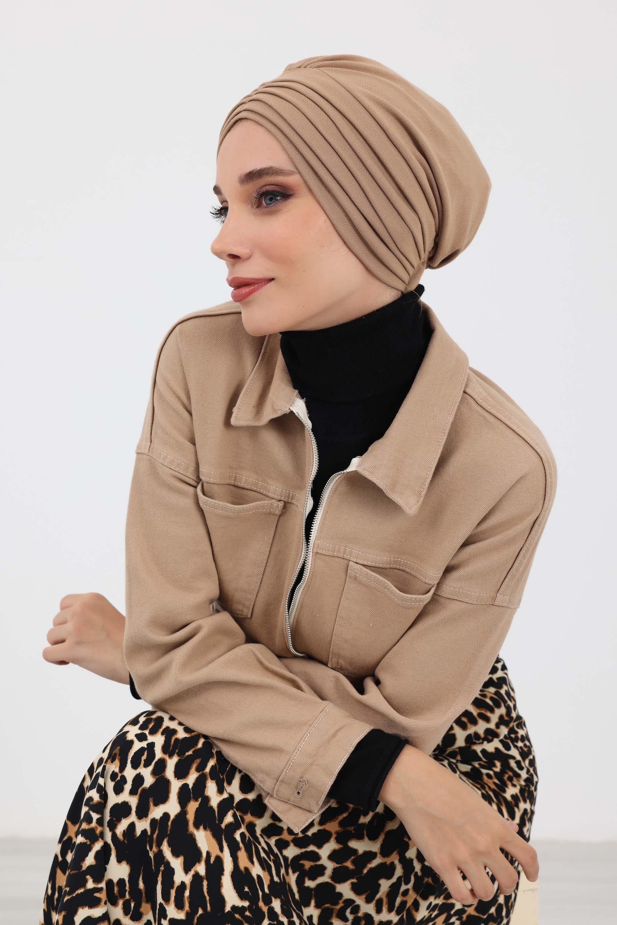 High Quality Shirred Winter Turban Bonnet Cap for Women, Cozy Comfortable Winter Headwrap made from Polyviscose Fabric,B-13IV Sand Brown