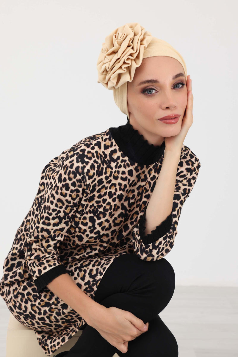 Elegant Rose-Detail Winter Turban Bonnet for Women, Soft Polyviscose Stretch Headwrap, Floral Accent Winter Turban Bonnet,B-21IV