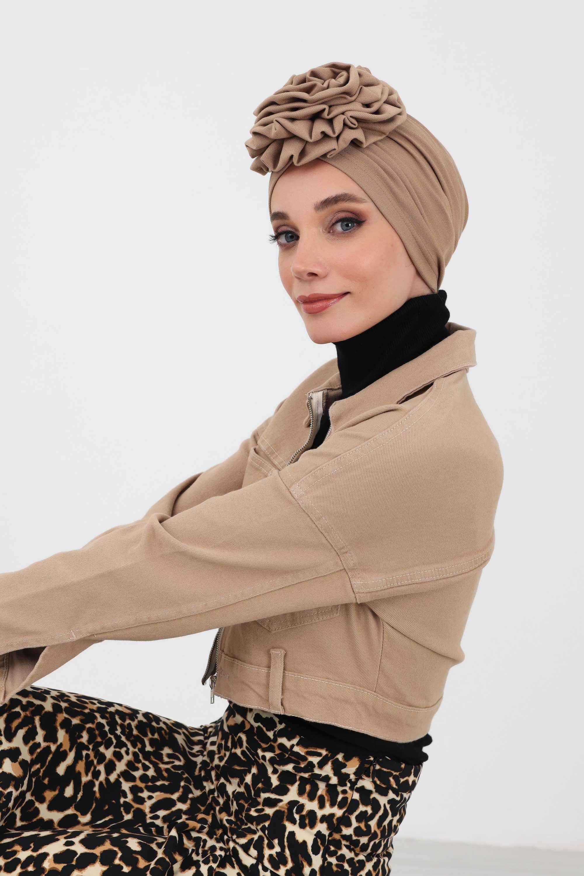 Elegant Rose-Detail Winter Turban Bonnet for Women, Soft Polyviscose Stretch Headwrap, Floral Accent Winter Turban Bonnet,B-21IV Sand Brown