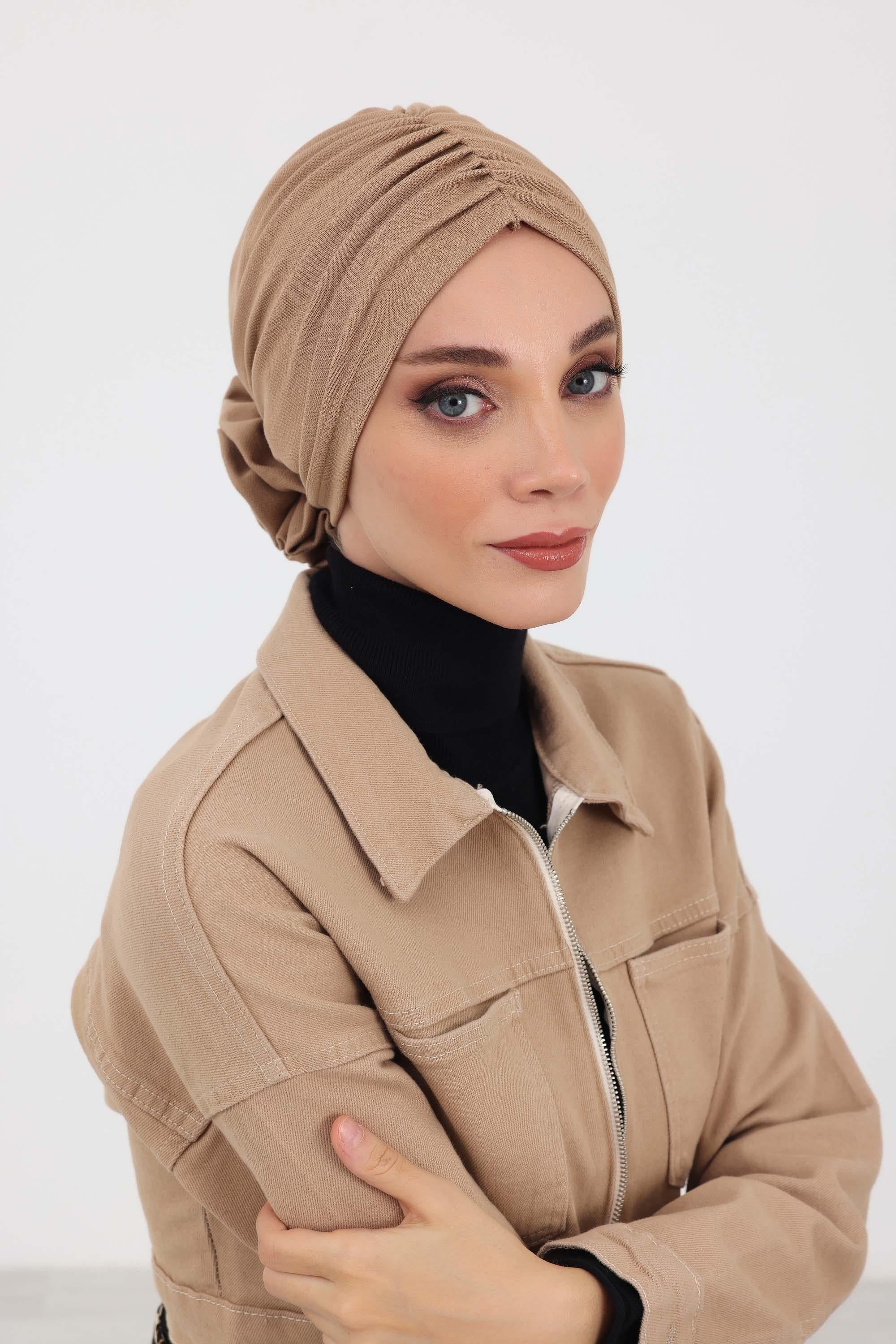 Elegant Rose-Detail Winter Turban Bonnet for Women, Soft Polyviscose Stretch Headwrap, Floral Accent Winter Turban Bonnet,B-21IV Sand Brown