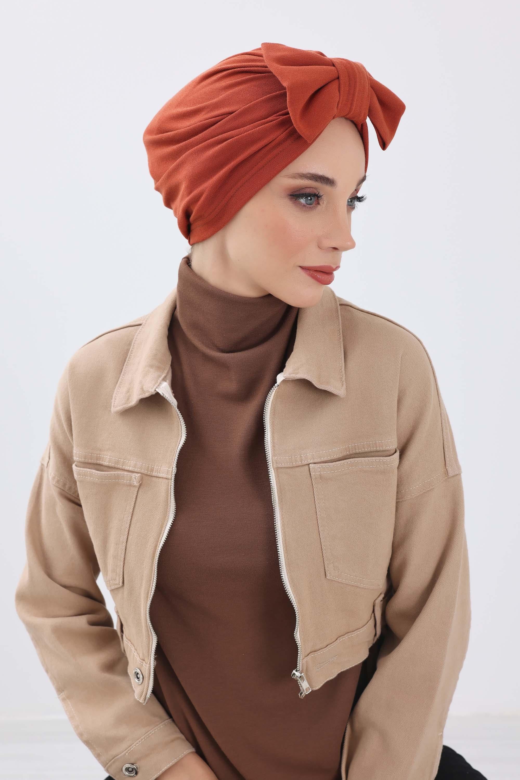 Comfortable Winter Turban Bonnet with Detachable Bowtie, One-Size Removable Bow Turban for Cold Weather, Cozy Ribbed Instant Turban,B-27RB