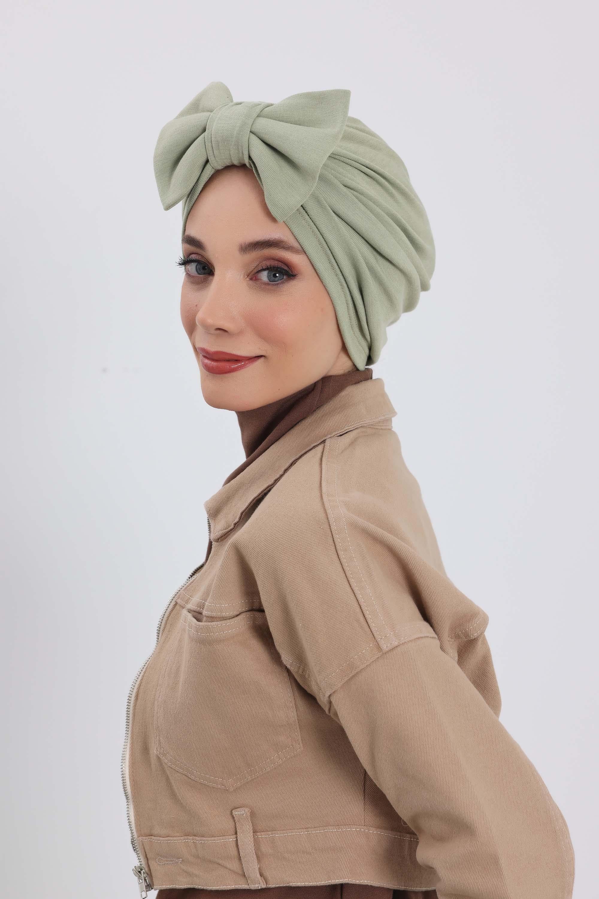 Comfortable Winter Turban Bonnet with Detachable Bowtie, One-Size Removable Bow Turban for Cold Weather, Cozy Ribbed Instant Turban,B-27RB