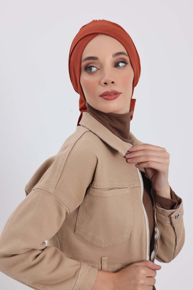 غطاء رأس شتوي أنيق مع حزام ربط خلفي، غطاء رأس من البولي فيسكوز المضلع الناعم للمواسم الباردة، عمامة فورية دافئة برباط خلفي، B-31RB