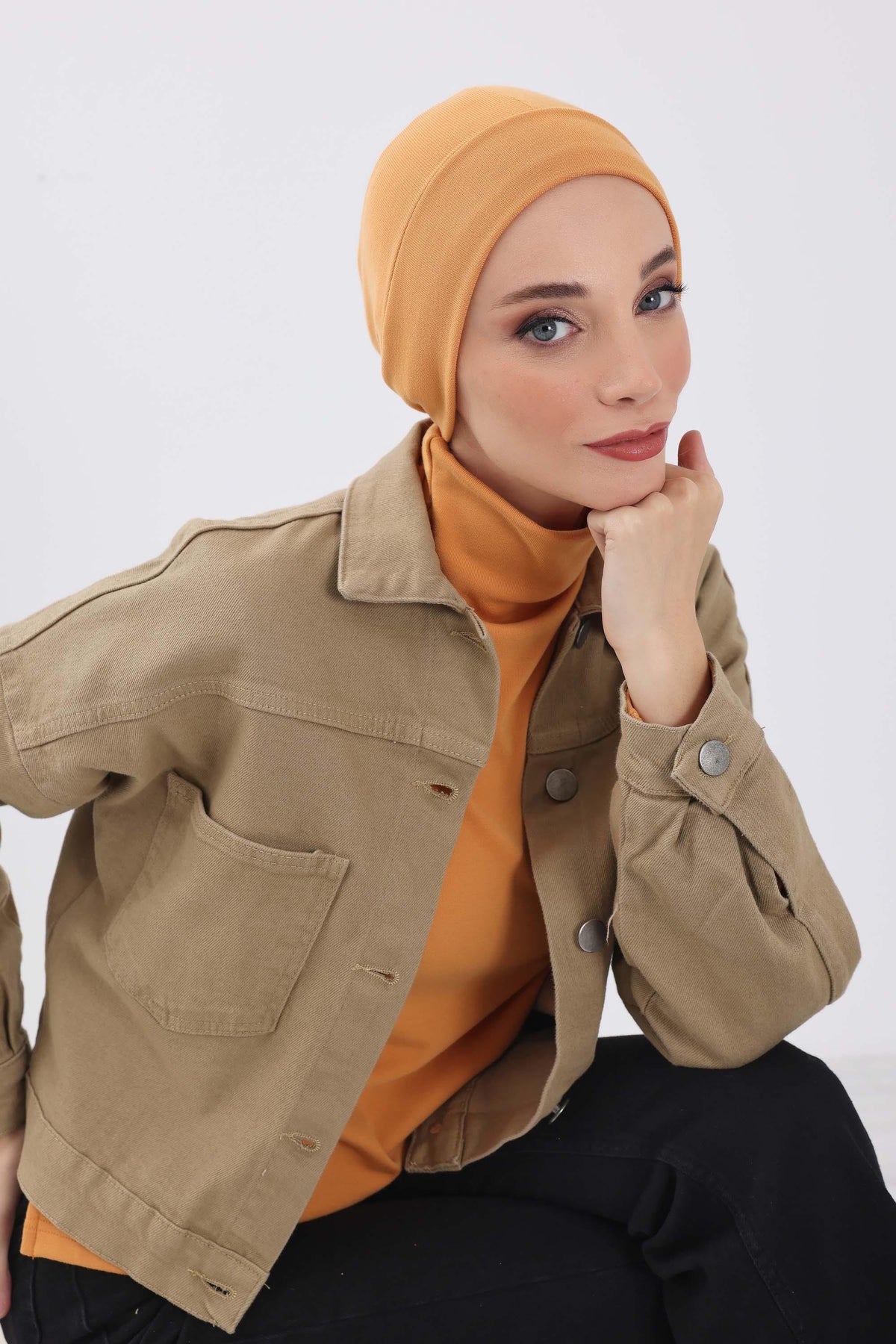Soft Polyviscose Inner Turban Bonnet for Women, Easy Wear Instant Turban Bonnet, Soft Plain Color Ribbed Winter Chemo Headwear,B-37RB Orange
