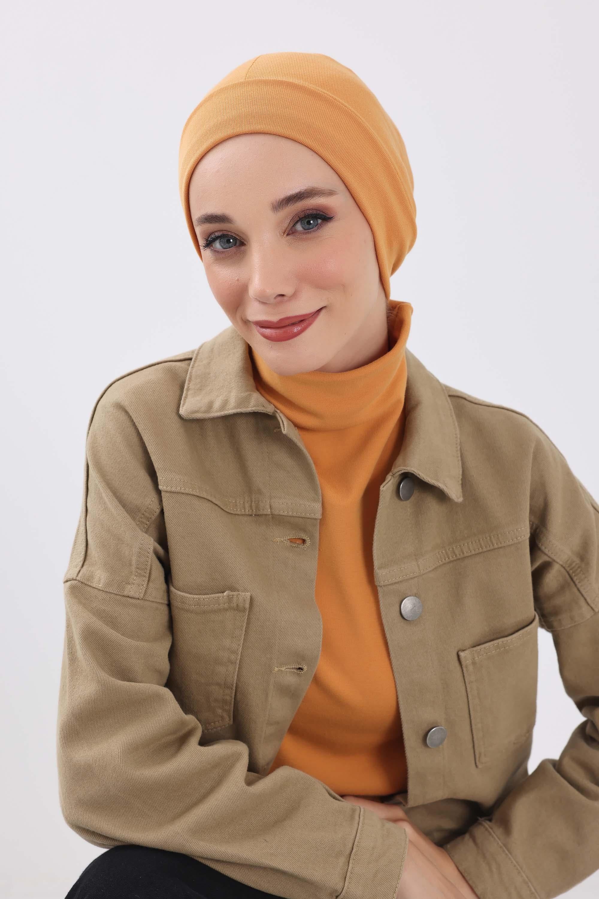 Soft Polyviscose Inner Turban Bonnet for Women, Easy Wear Instant Turban Bonnet, Soft Plain Color Ribbed Winter Chemo Headwear,B-37RB Orange
