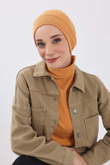 Soft Polyviscose Inner Turban Bonnet for Women, Easy Wear Instant Turban Bonnet, Soft Plain Color Ribbed Winter Chemo Headwear,B-37RB Orange