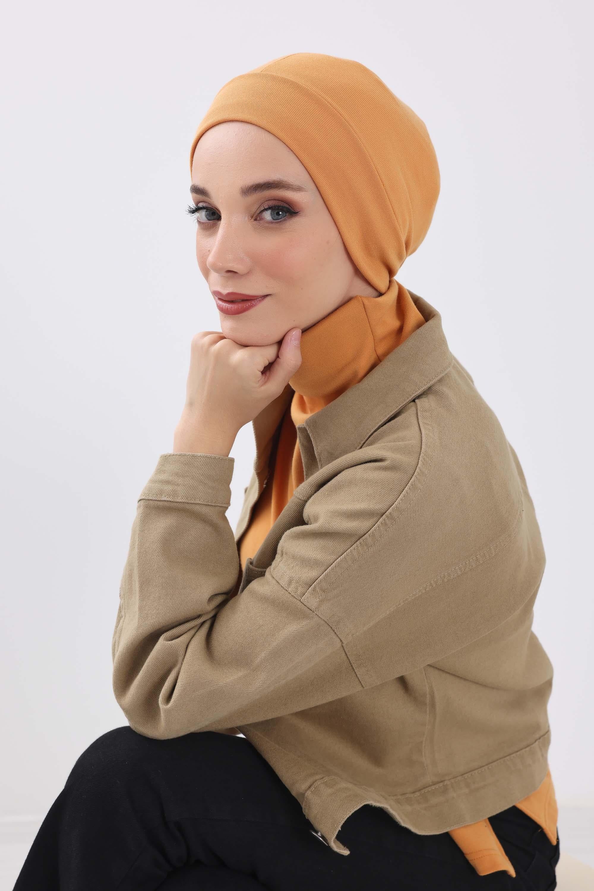 Soft Polyviscose Inner Turban Bonnet for Women, Easy Wear Instant Turban Bonnet, Soft Plain Color Ribbed Winter Chemo Headwear,B-37RB Orange