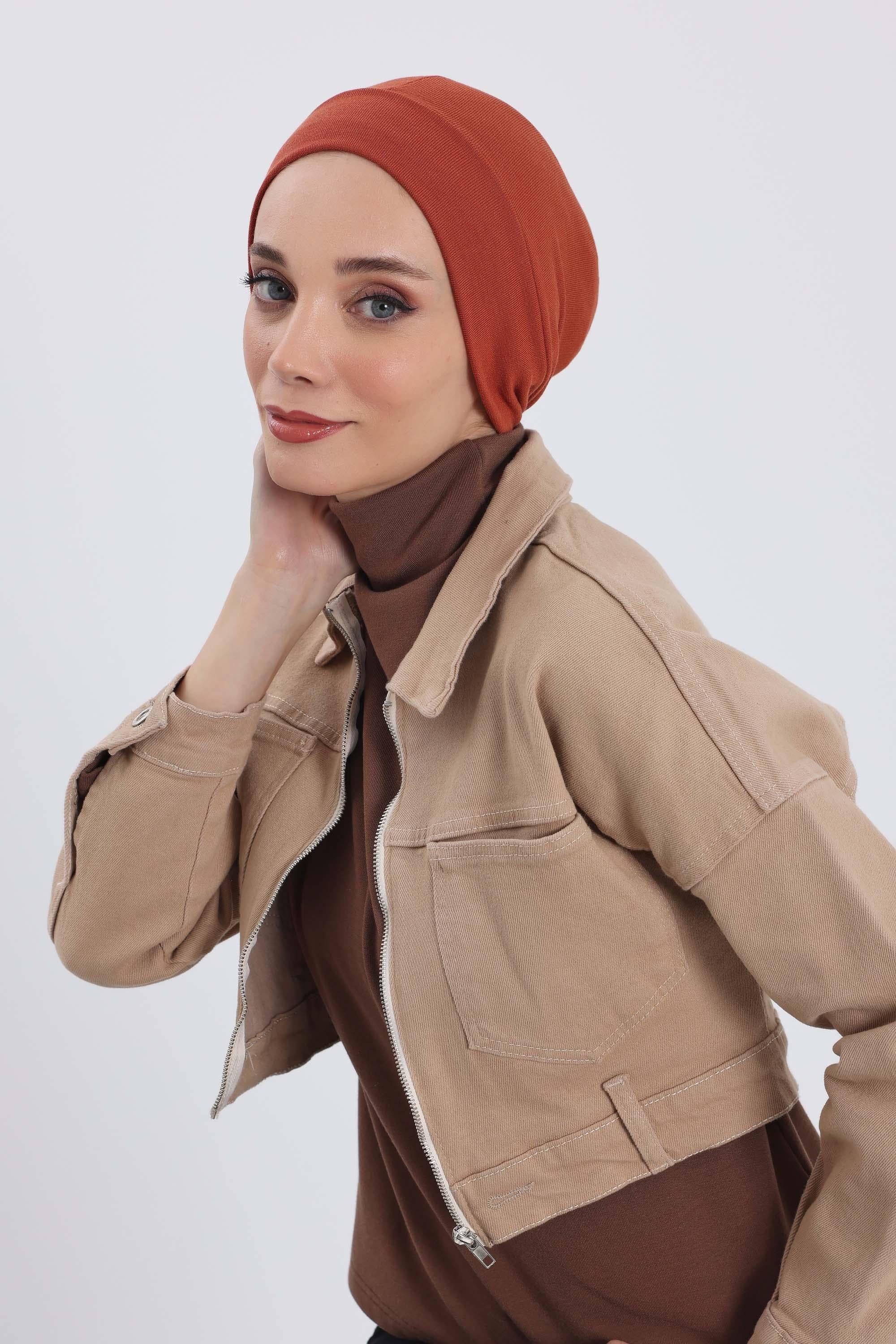 Soft Polyviscose Inner Turban Bonnet for Women, Easy Wear Instant Turban Bonnet, Soft Plain Color Ribbed Winter Chemo Headwear,B-37RB Tile Red