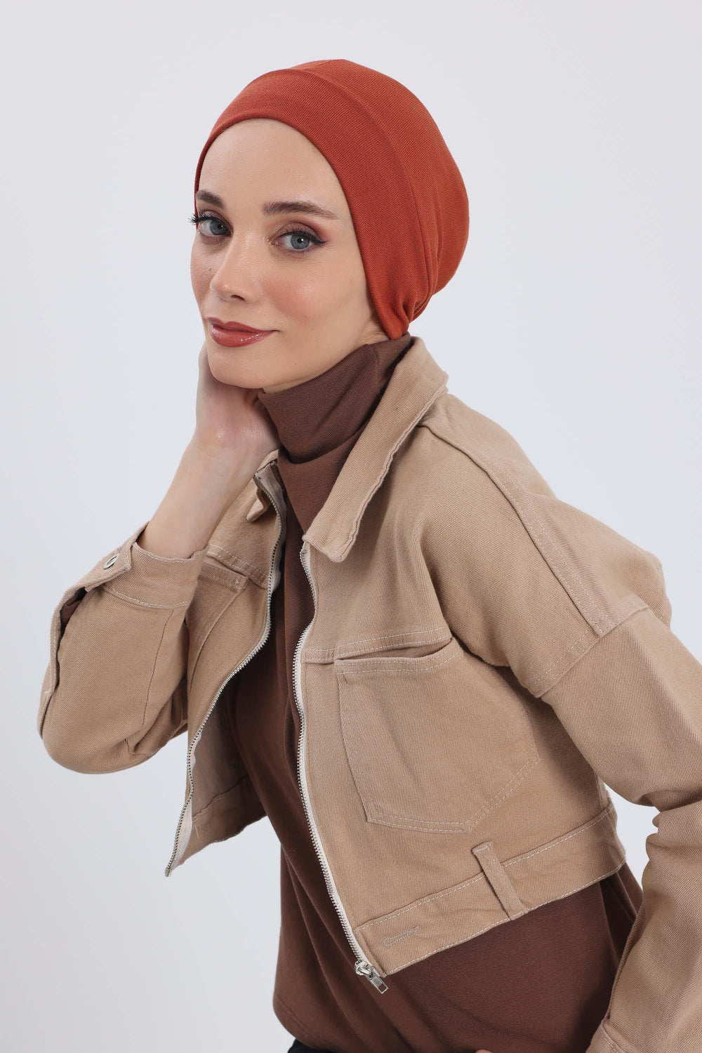 Soft Polyviscose Inner Turban Bonnet for Women, Easy Wear Instant Turban Bonnet, Soft Plain Color Ribbed Winter Chemo Headwear,B-37RB Tile Red