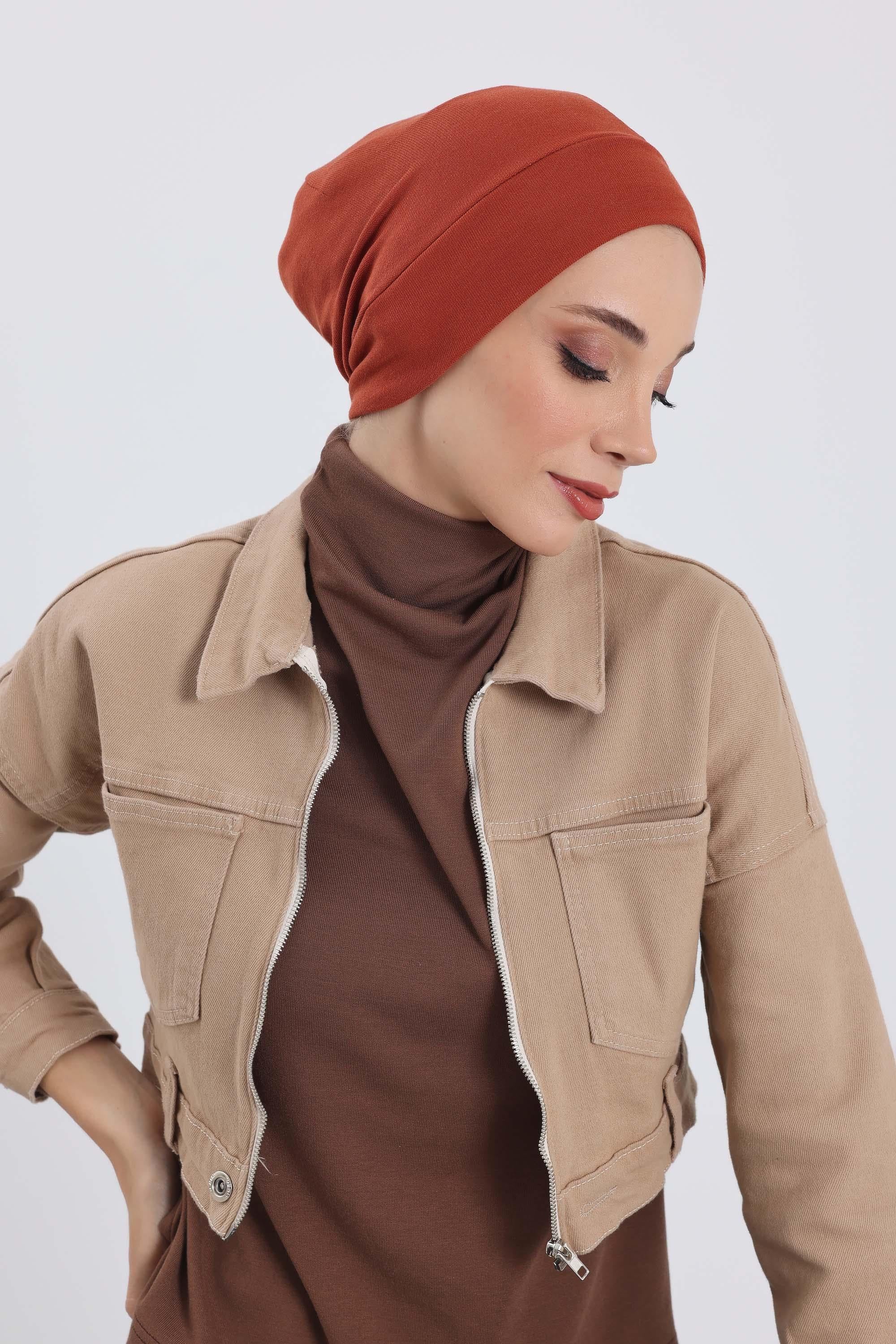 Soft Polyviscose Inner Turban Bonnet for Women, Easy Wear Instant Turban Bonnet, Soft Plain Color Ribbed Winter Chemo Headwear,B-37RB Tile Red