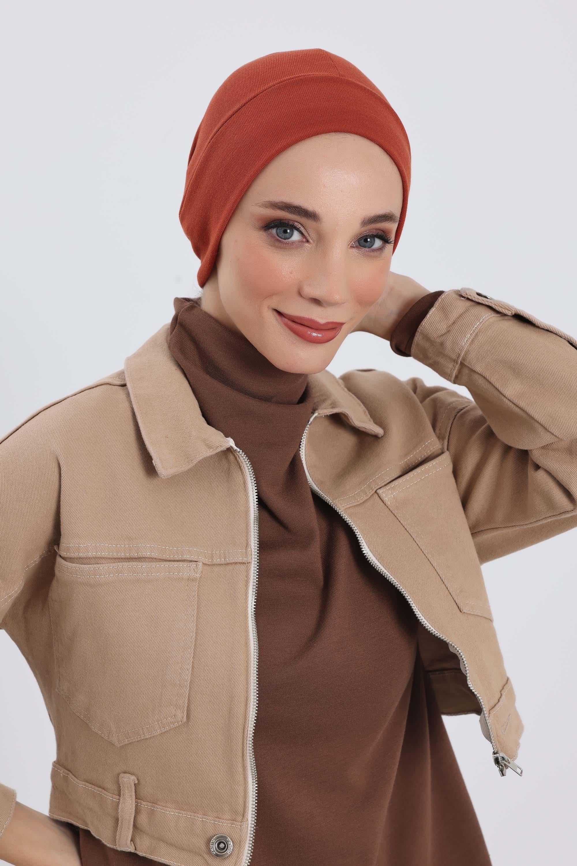 Soft Polyviscose Inner Turban Bonnet for Women, Easy Wear Instant Turban Bonnet, Soft Plain Color Ribbed Winter Chemo Headwear,B-37RB Tile Red