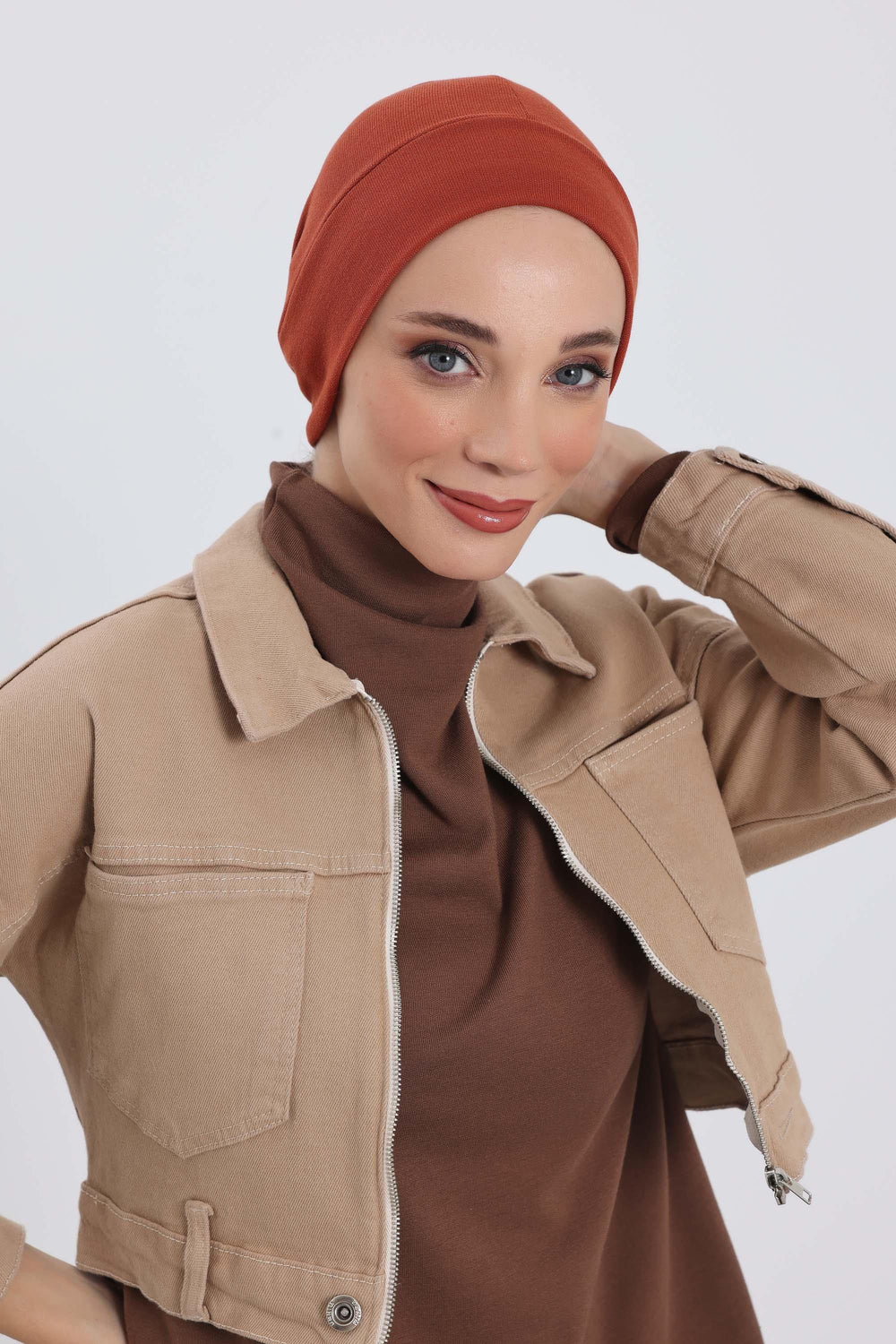 Soft Polyviscose Inner Turban Bonnet for Women, Easy Wear Instant Turban Bonnet, Soft Plain Color Ribbed Winter Chemo Headwear,B-37RB Tile Red