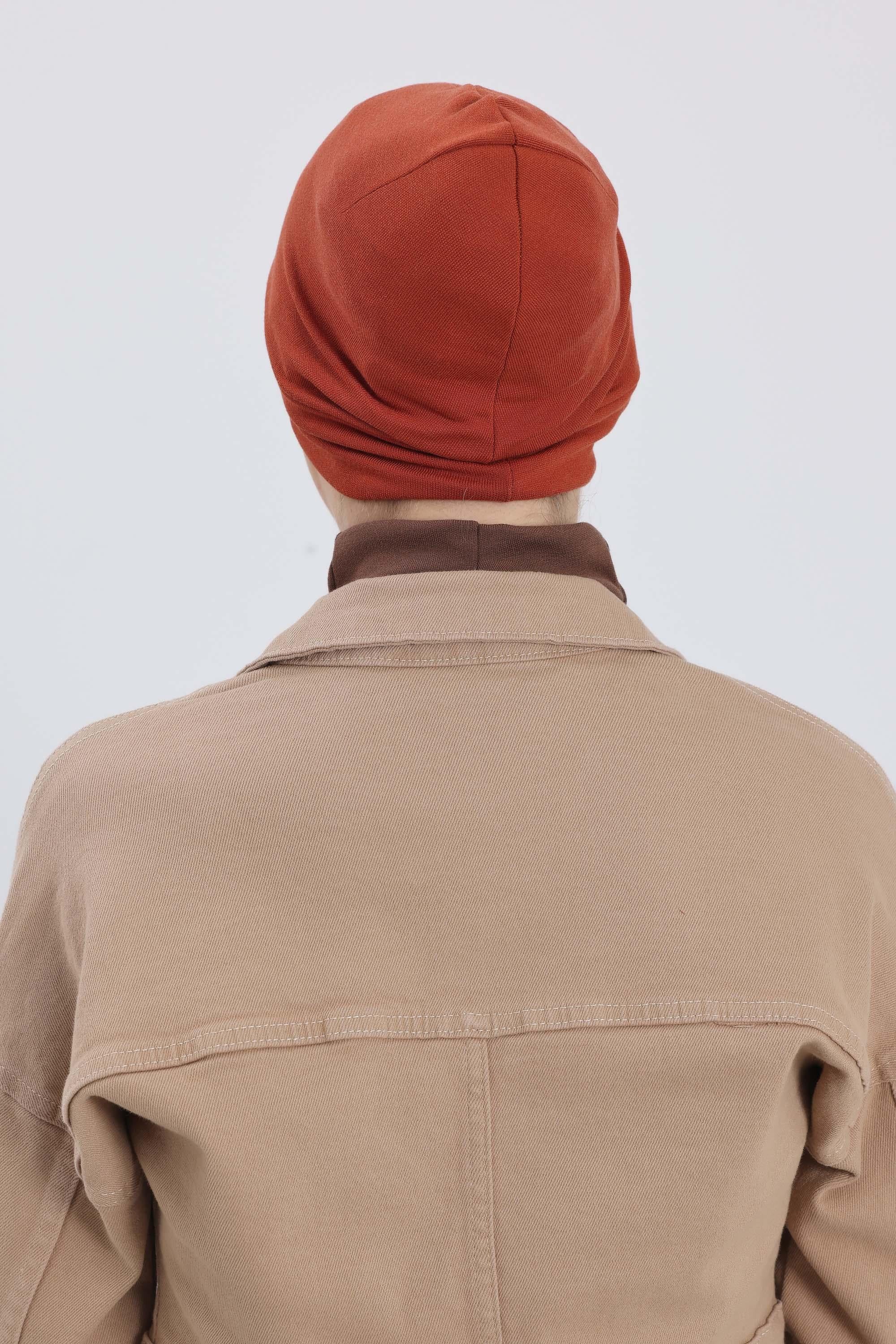 Soft Polyviscose Inner Turban Bonnet for Women, Easy Wear Instant Turban Bonnet, Soft Plain Color Ribbed Winter Chemo Headwear,B-37RB Tile Red