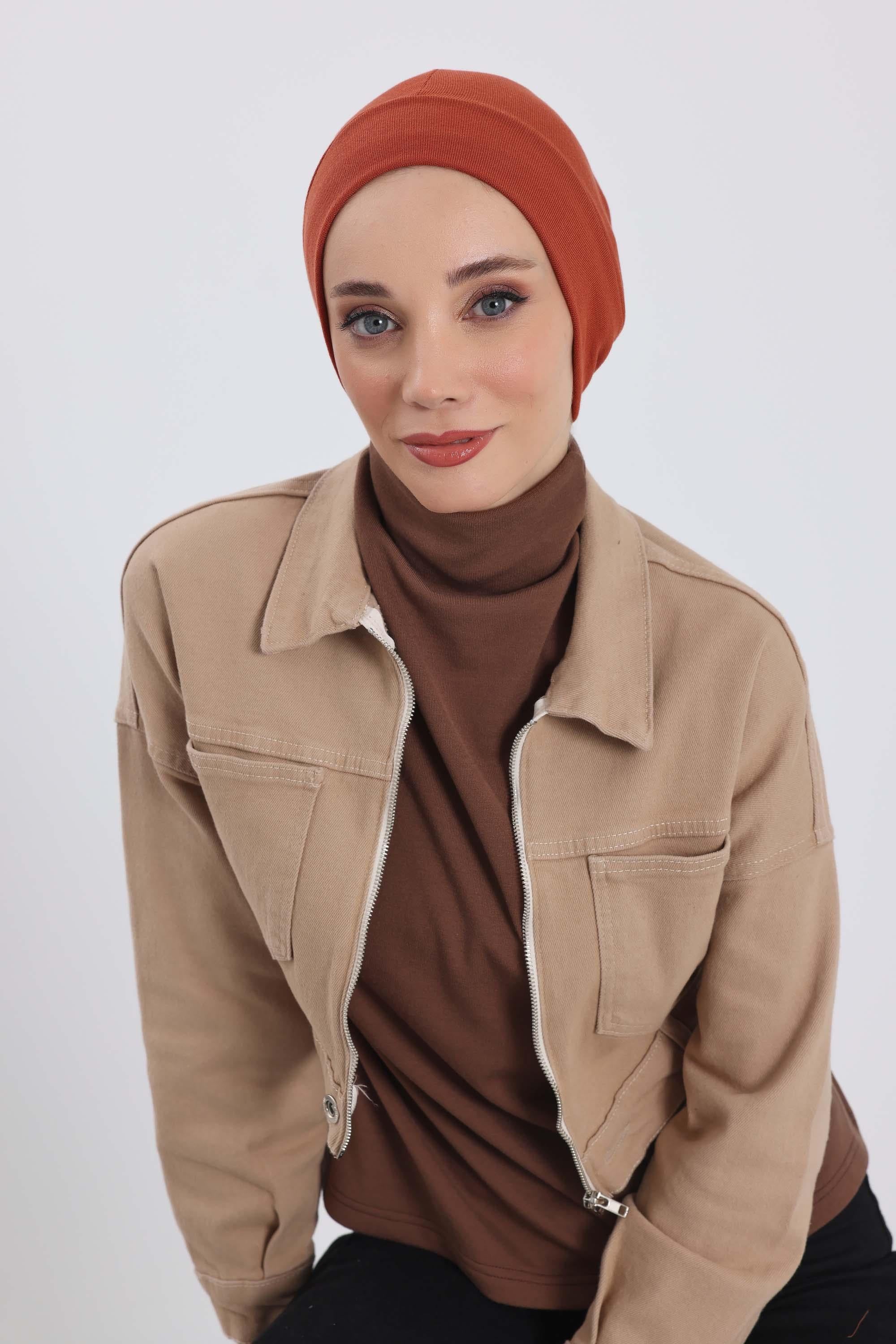 Soft Polyviscose Inner Turban Bonnet for Women, Easy Wear Instant Turban Bonnet, Soft Plain Color Ribbed Winter Chemo Headwear,B-37RB Tile Red