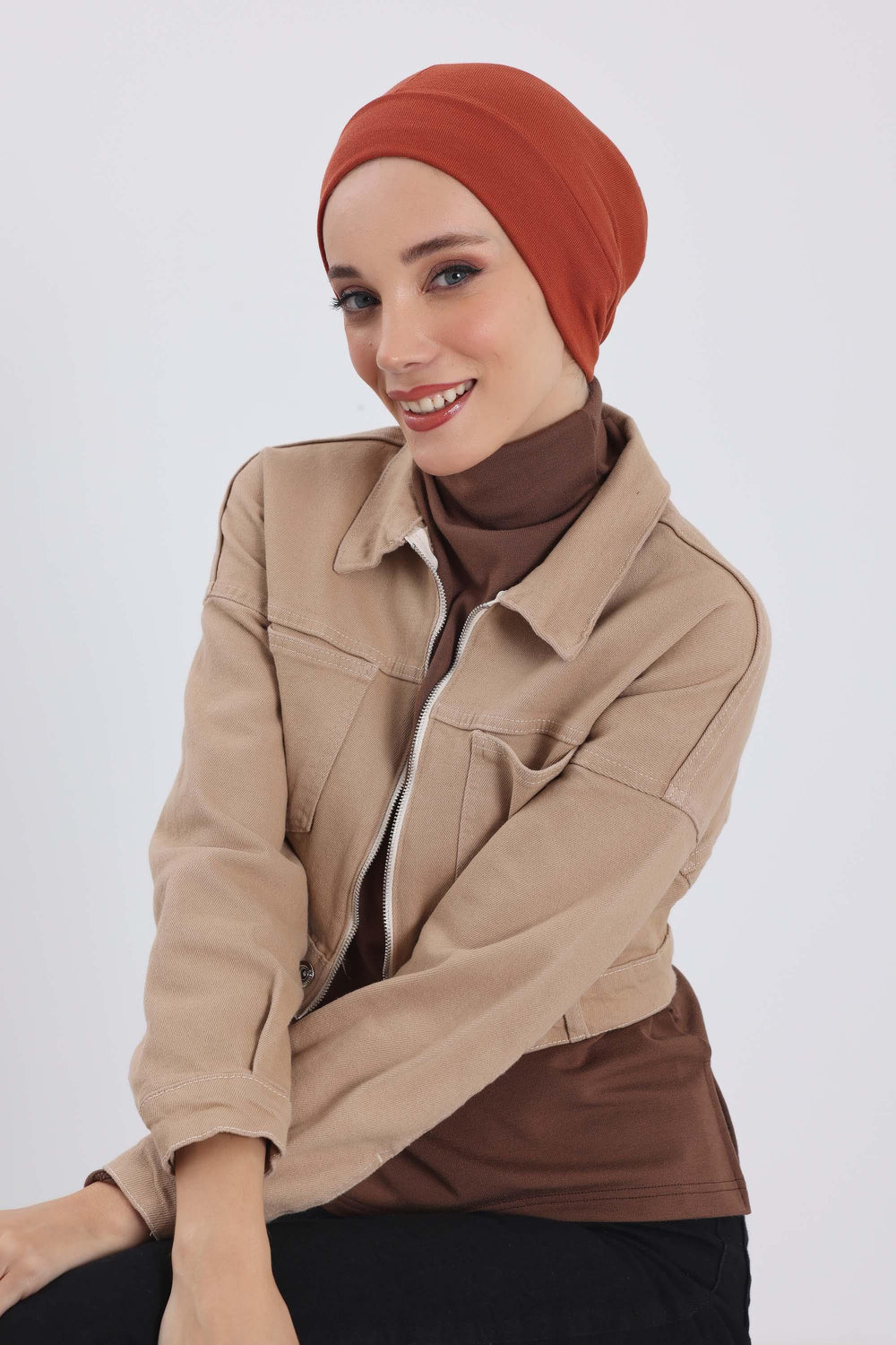 Soft Polyviscose Inner Turban Bonnet for Women, Easy Wear Instant Turban Bonnet, Soft Plain Color Ribbed Winter Chemo Headwear,B-37RB Tile Red